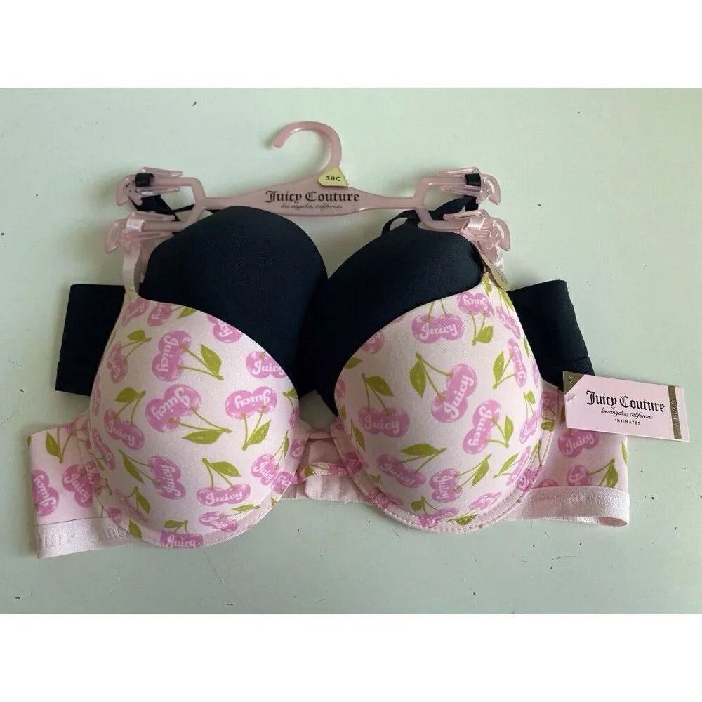2 Pack Juicy Couture Sleek & Smooth Bra JC5147 Lined Sz 38C Cherries Pink NEW